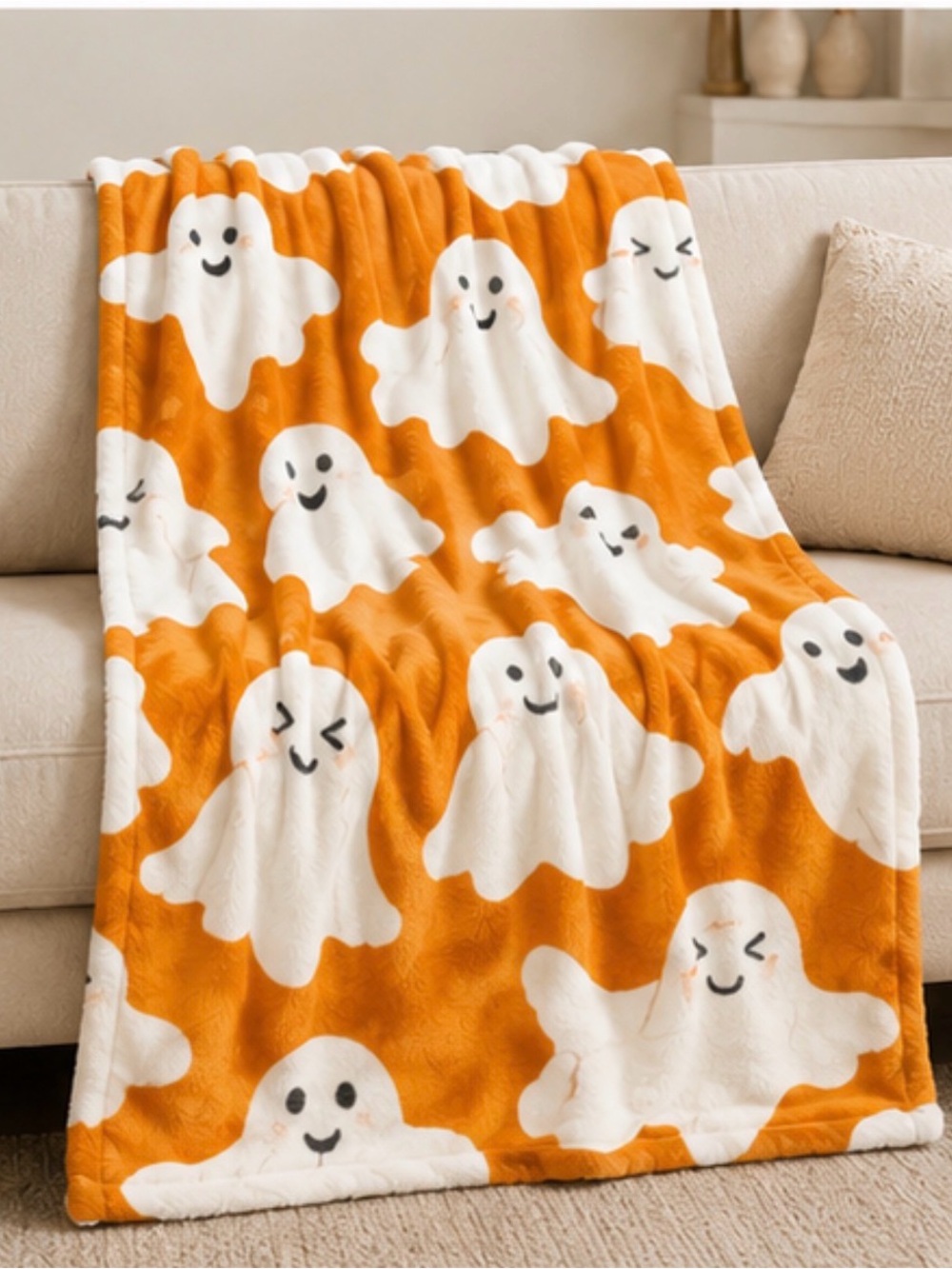 Soft & Cozy 39 x 62in cartoon ghost Halloween orange throw blanket